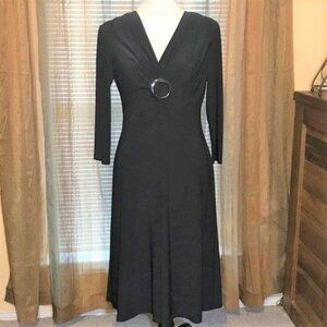 Evan Picone Black Long Sleeve V-neck Cocktail Dress Buckle Detail Size 8